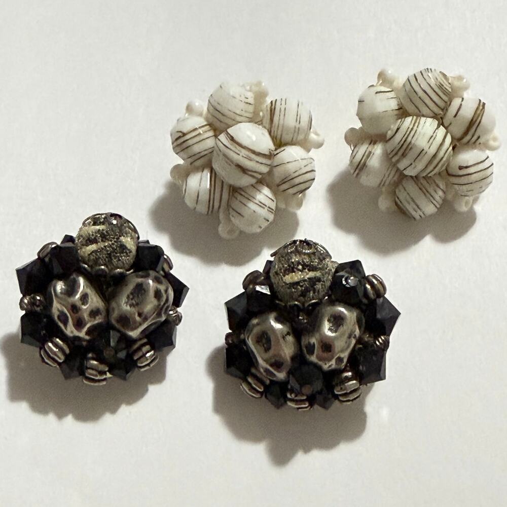 Vintage White Bead Cluster Clip On Earrings Mid Century Unmarked